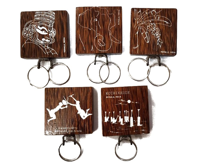 Coconut Wood Crafted Magnet Keychain with with Kerala Theme Design
